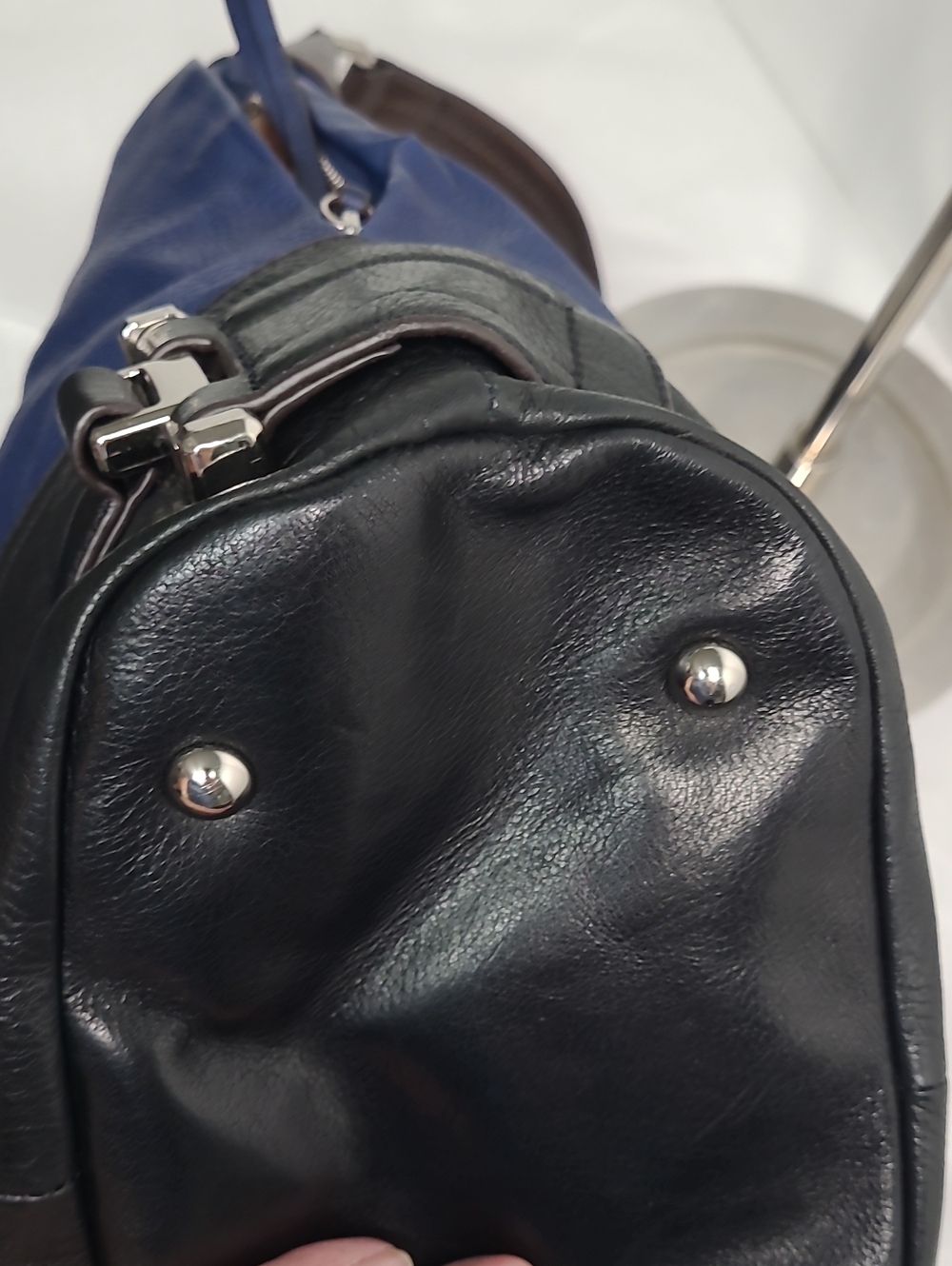 b. makowsky Blue and Black Leather Hobo Bag with Brown Handles - Picture 6 of 13